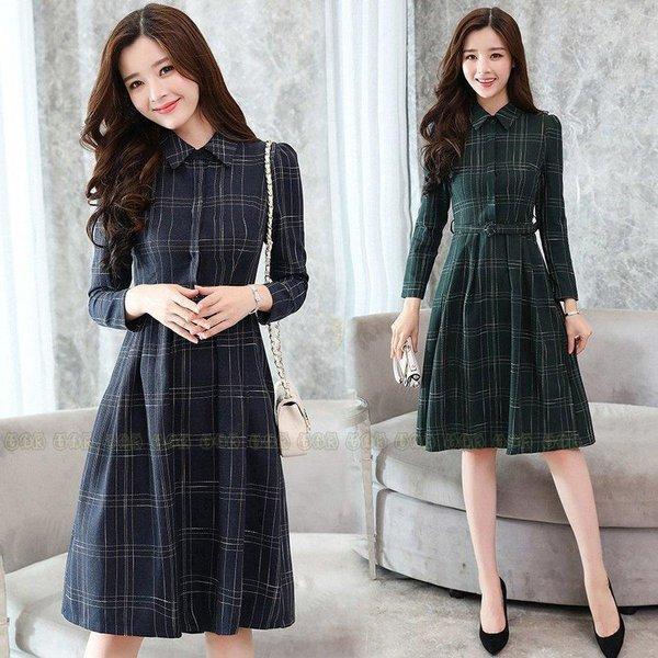 シャツワンピース ロング丈 ワンピース 膝丈 長袖ワンピ チェック柄 レディース きれいめ 着痩せ 通勤 OL 結婚式 パーティー ドレス 大人 上品 新作