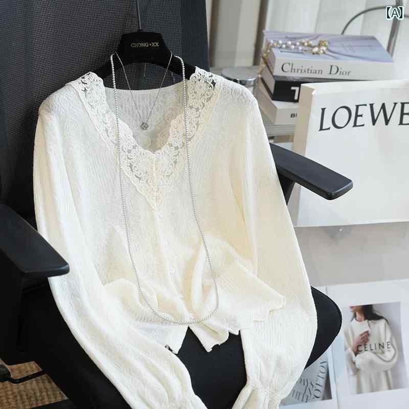 レディース　シャツ　レース　シルク スモール ワーム シルクウール Vネック レース 長袖 ニットカーディガン レディース アウター トップス 春 973 F