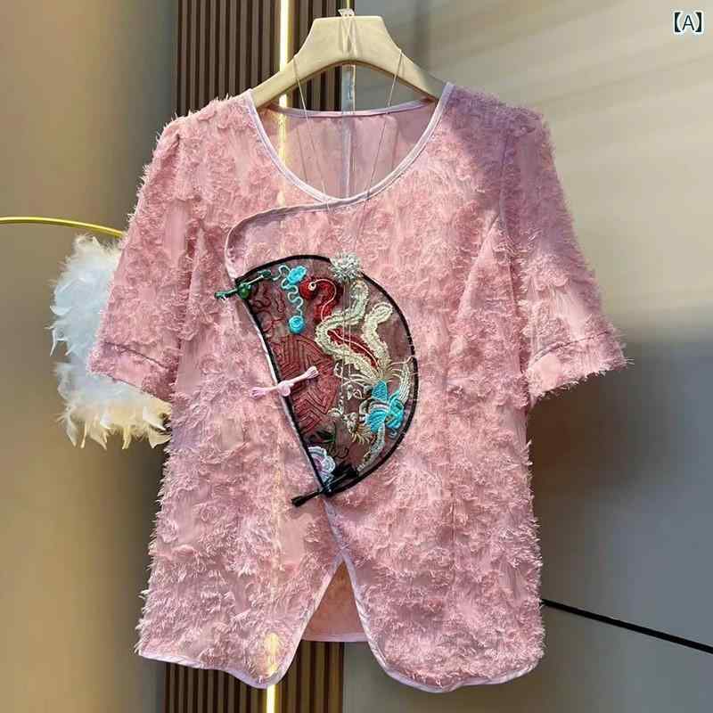 大きめサイズ レディース おしゃれ ファッション カジュアル デート 女子会 普段使い レトロ 夏 チャイナ風 ガール ラウンドネック 斜め 前立て ボタン トップス シャツ 婦人服