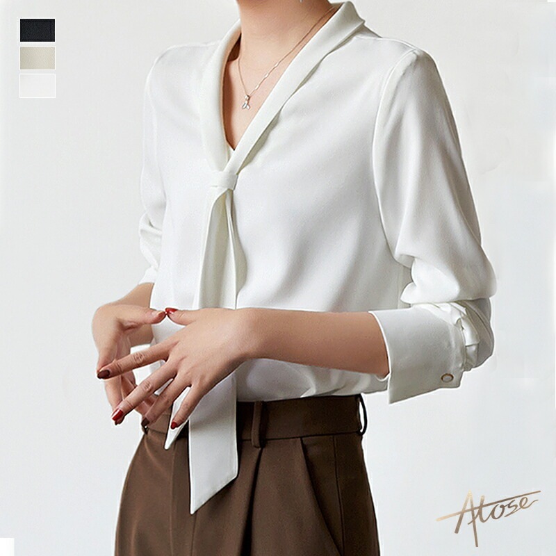 【2点購入で150OFF】【短納期】ブラウス シャツ リボンタイ レディース トップス ベーシック 高級感 光沢感 透けにくい 大きいサイズ 長袖 リボン りぼん モダン オフィスカジュアル きれいめ