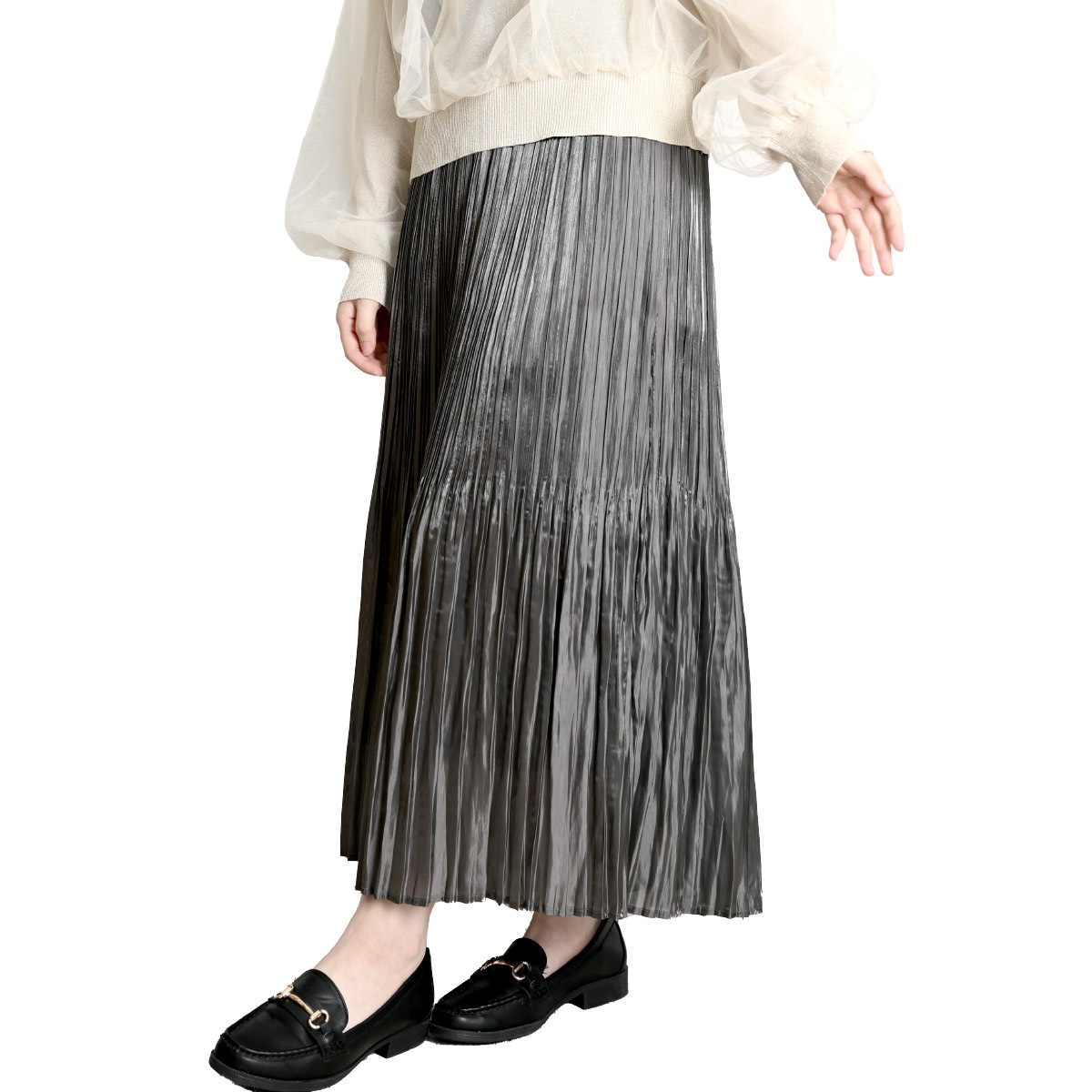 【1/25 10時発売】プリーツスカート レディース ロングスカート フレアスカート 踊るように揺れるフィラメントサテンプリーツスカート ボトムス 静電気防止 細プリーツ 光沢 上品 マキシ丈 春