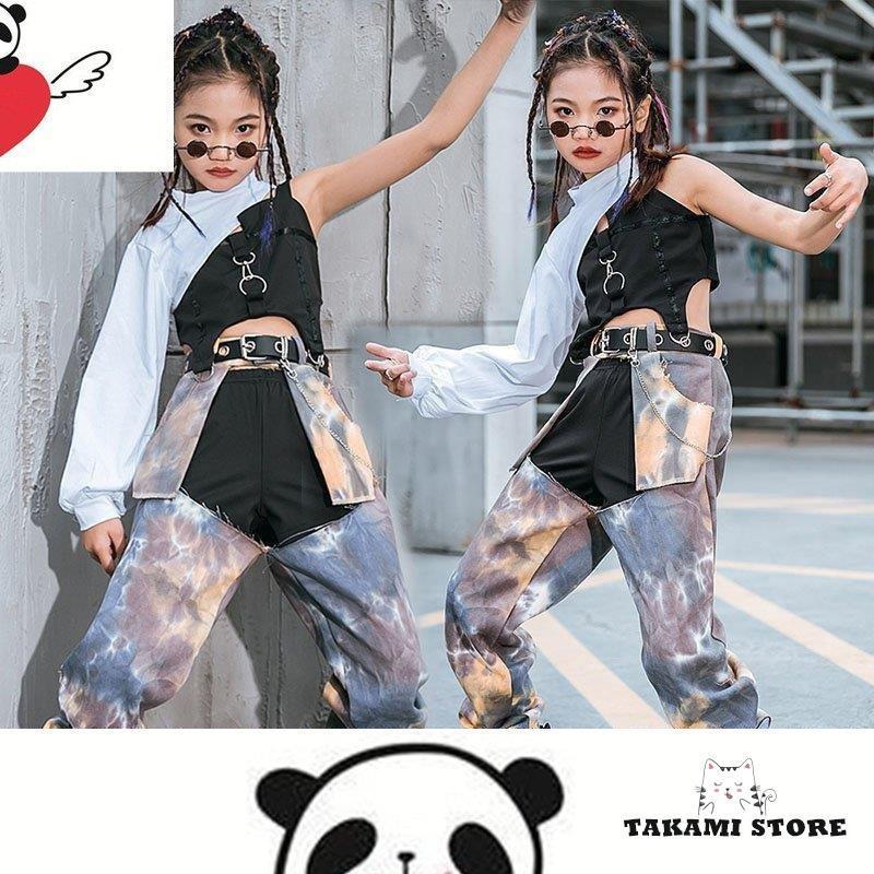 キッズダンス 衣装 ヒップホップ パンツガールズ ステージ衣装子供服 セットアップ 黒ベスト ストールタイダイ 団体服 練習着 舞台衣装