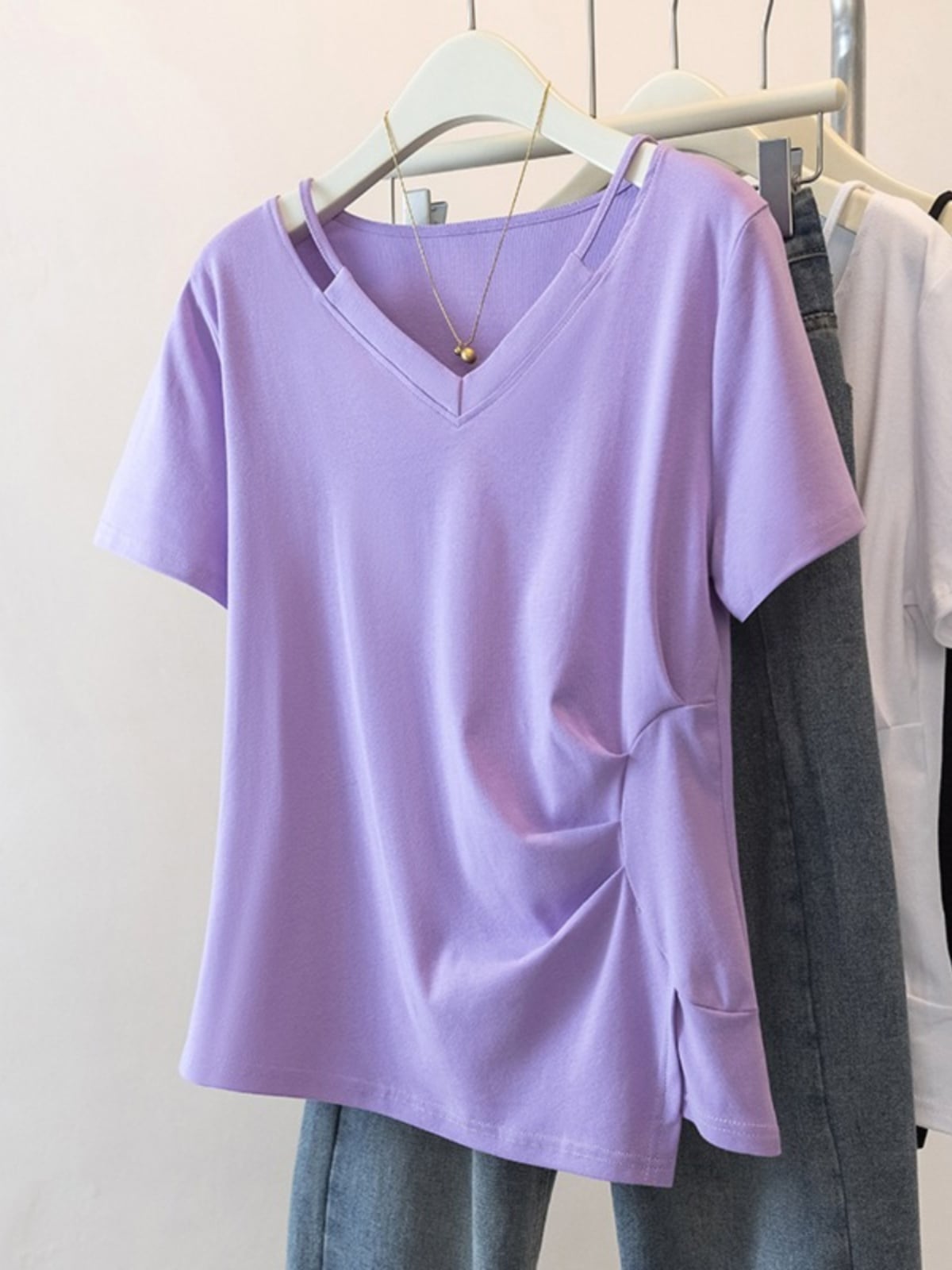 【1点ご購入 で10点プレゼントいたします】サマードレス変則半袖Tシャツ女性Vネックブラウス太めmm腹隠しスリムカジュアルトップス