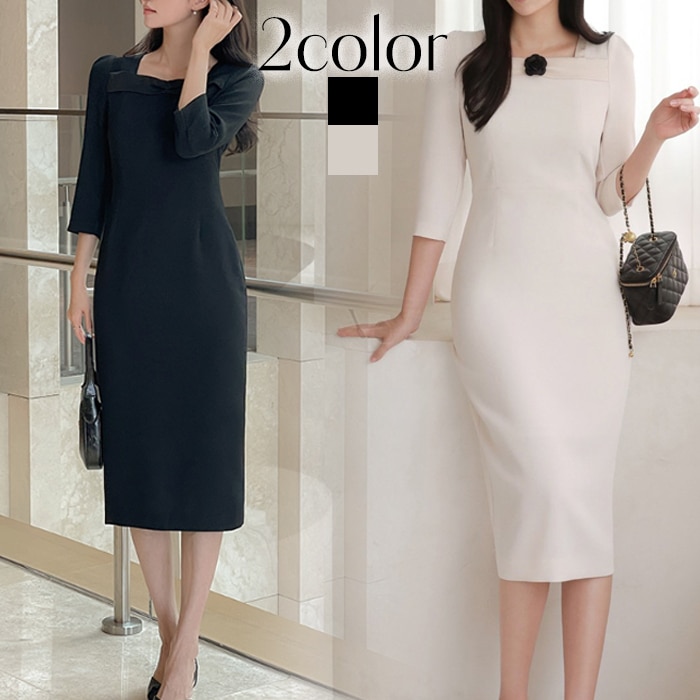 ワンピース 結婚式 コサージュ付き パーティ―ドレス タイト