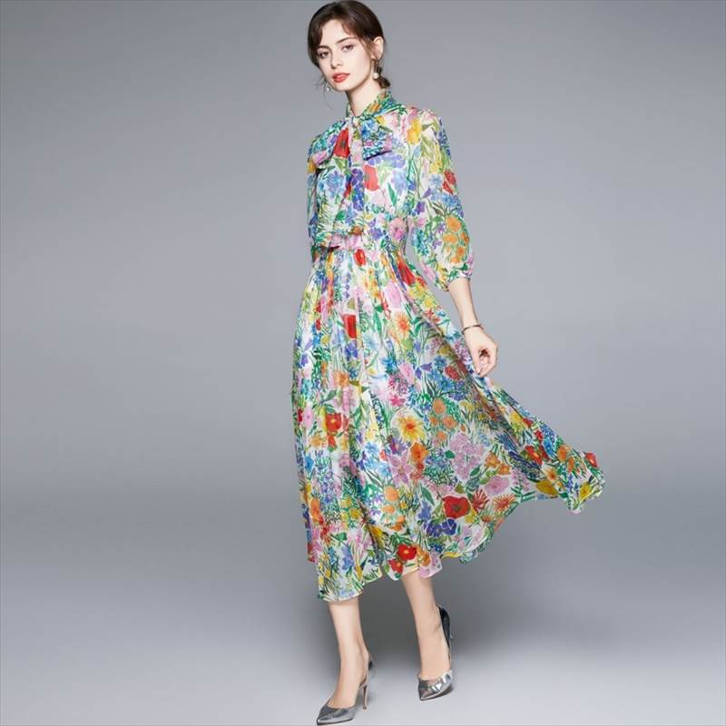 ワンピース ロング ドレス 花柄 カラフル シャツ風 個性的 カジュアル パーティドレス ミモレ丈 リボン ふんわり ワンピドレス 華やか 袖あり 春 夏 大きいサイズ 2XL レディース 清楚 エレ