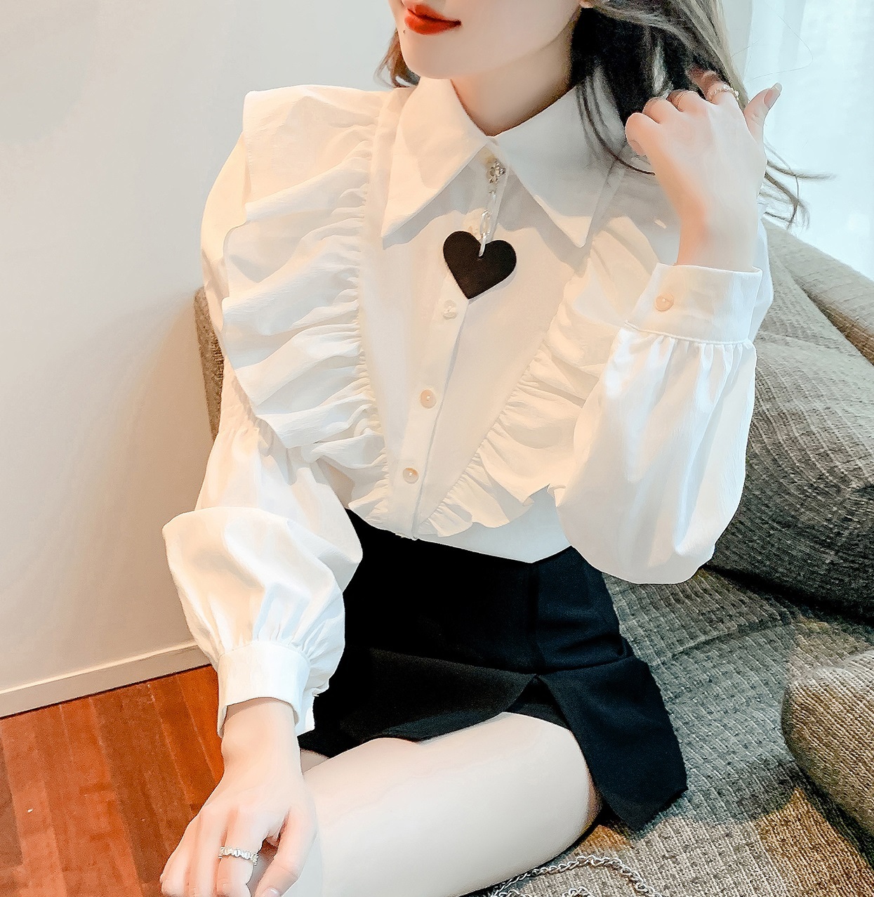 【送料無料】レディース 2カラー ブラウス シャツ フリル キャンディースリーブ ハート