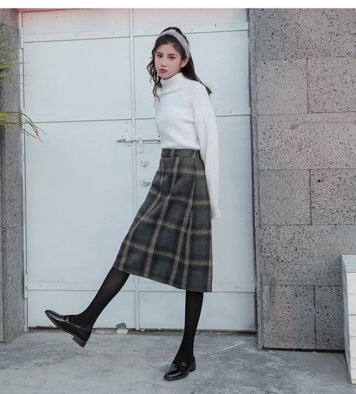 3410.ハイウェストチエック柄スカート（グリーン）2019 春夏 sale ボトムス 美ライン おしゃれ きれいめ カジュアル お出かけ お呼ばれ 女子会 通勤 通学 普段使い