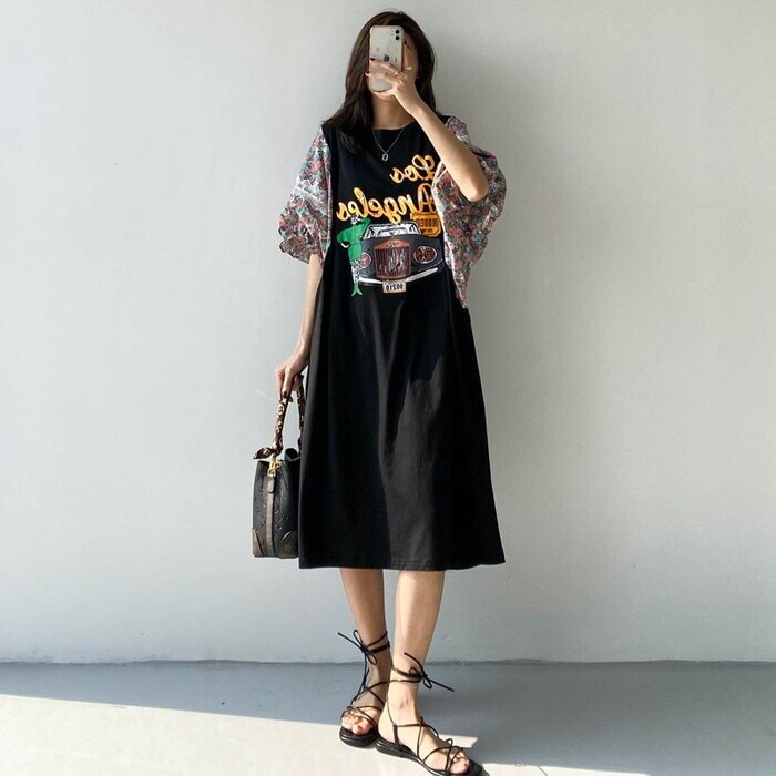 夏 新作 2022 レディース 大きいサイズ XL 3XL ワンピース ドレス Tシャツワンピース Tシャツワンピ リメイク風 異素材 カットソーワンピース カットソー ワンピ