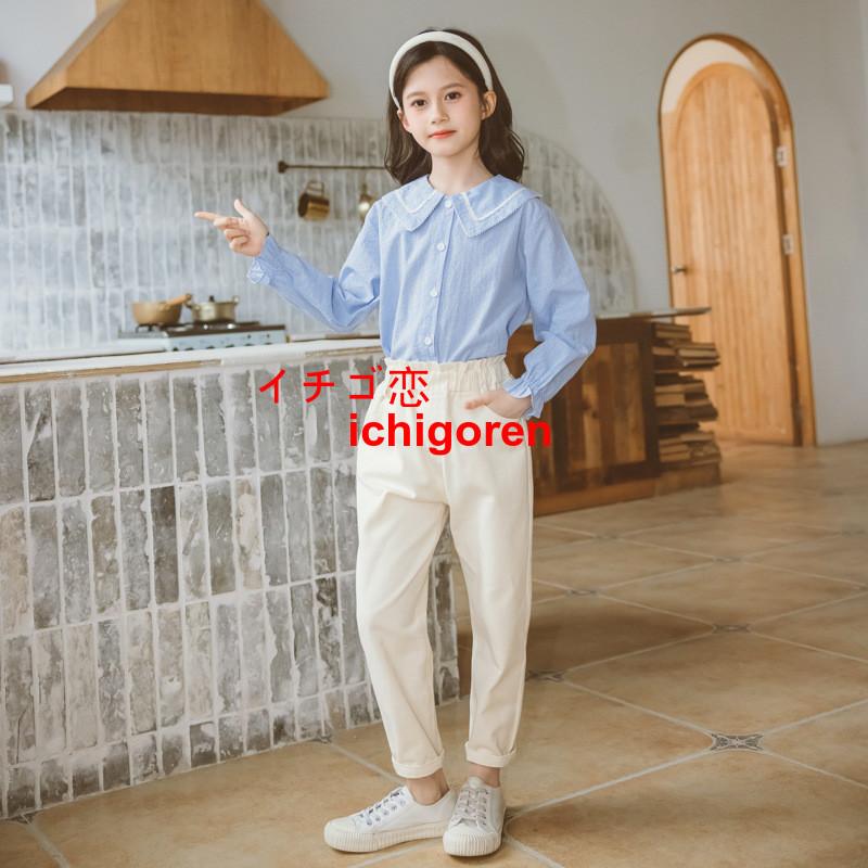子供服 セットアップ キッズ おしゃれ 女子 長袖 春秋 上下セット 2点セット 韓国子供服 ジュニア シャツ ブラウス 無地 長ズボン 可愛い 通学着 新品