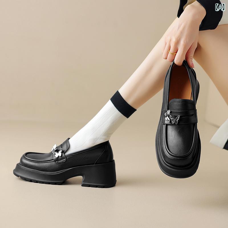 ローファー レディース 通学 通勤 学生 カレッジ 仕事 オフィス 女性 洗練 厚底 春 革 ハイヒール 靴 バタフライバックル ラウンドトゥ 英国 小さい 革靴