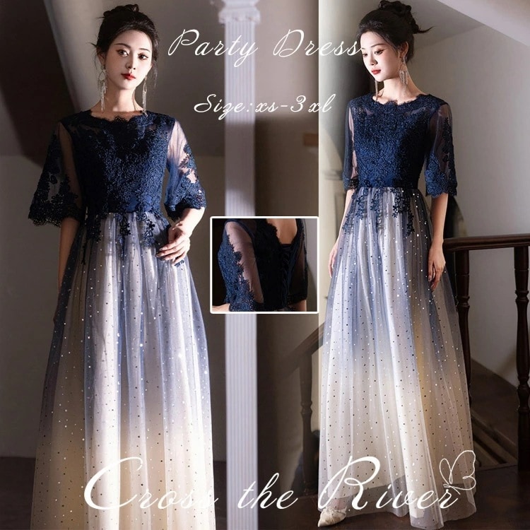 【即納】ドレス 大人 ピアノ 発表会 中学生 高校生 パーティードレス 韓国 演奏会ドレス ロングドレス 紺色 ミモレ丈 結婚式 ワンピース マキシ丈 膝丈 イブニングドレス カクテルドレス レディー