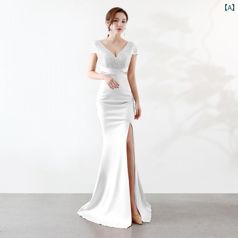 イブニングドレス レディース 豪華 マーメイド Vネック きいサイズ スリット パーティー 宴会 袖あり 背中 チャック セクシー ハイウエスト 夏 キラキラ 白 赤 青