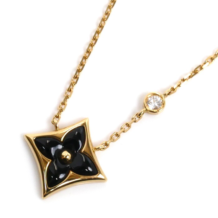 LOUIS VUITTON ルイ・ヴィトン K18YG イエローゴールド ペンダント スター ブロッサム BB ネックレス Q93699 ダイヤモンド オニキス 3.8g 41cm レディース 中古