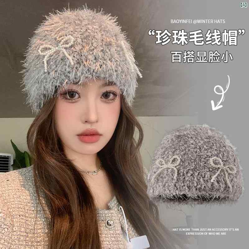 レディースファッション　ファッション小物　オシャレ 秋冬 パールリボンニット ウール 帽子 韓国 顔 小柄 トゥ キャップ 暖かい 防寒性
