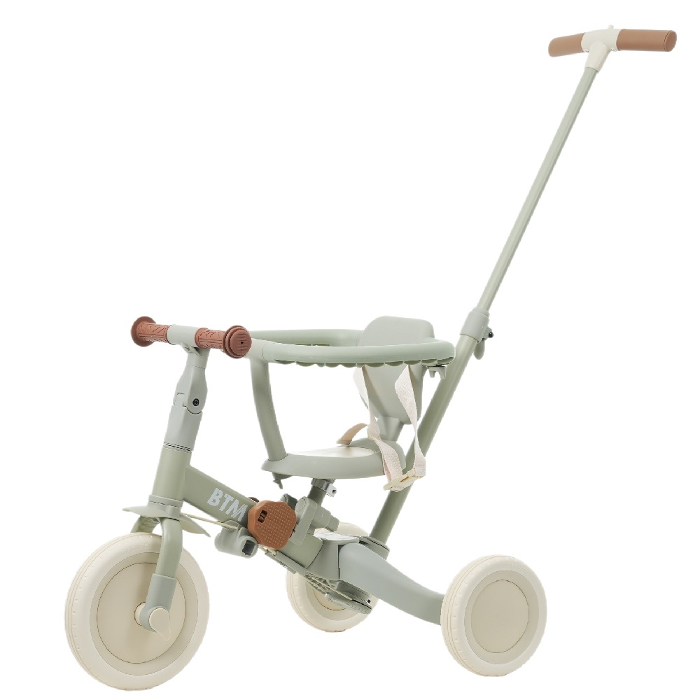【ベージュ×ミント】子供用三輪車 5in1 自転車 オリジナル 押し棒付き 安全バー付き キックボード ベージュ・Mint