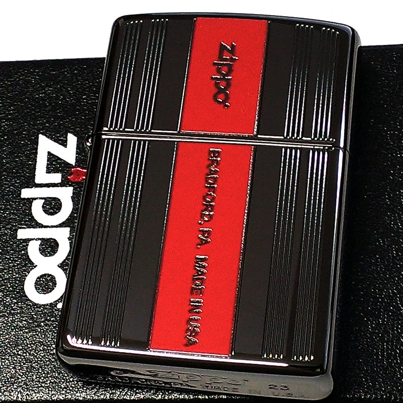 ZIPPO ライター Luxury Line ブラック＆レッド ジッポ おしゃれ ブラックニッケル 縦ライン ロゴ 赤黒 かっこいい 彫刻 メンズ レディース ギフト プレゼント 8,400円