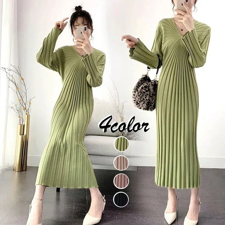 ニットワンピースレディース40マキシ丈ワンピースvネック長袖秋冬ニットセーター4色無地プリーツスカートロング丈上品通勤結婚式ドレス着痩せ