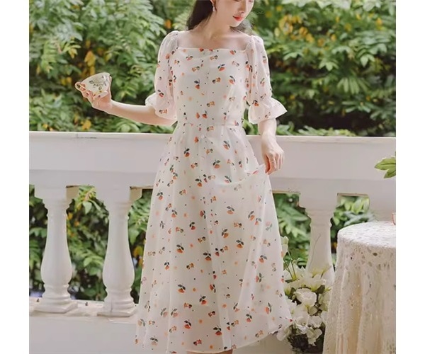 レディース ワンピース ミモレ ロング 半袖 ベルスリーブ スクエアネック Aライン フェミニン 刺繍 シフォン フリル ウエストマーク ハイウエスト 異国風 ボタン かわいい 大人可愛い きれいめ