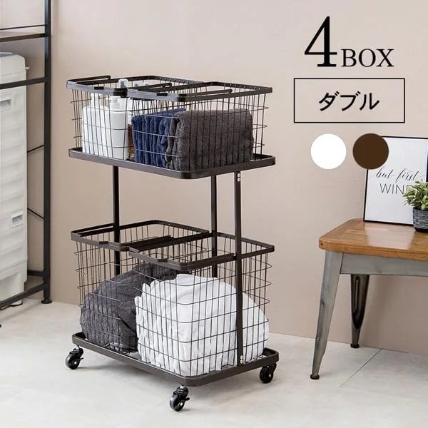 ランドリーラック おしゃれ バスケット かご カゴ 2段 ダブル 大 大きめ 大きい キャスター付き ランドリー収納 白 アイアン 収納 洗面所 脱衣所 幅60 ID005