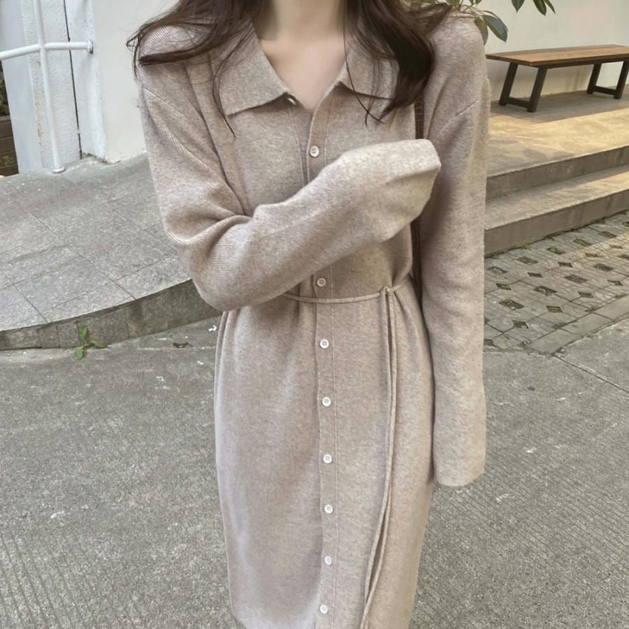 体型カバー シンプル 40代 ロングワンピ 秋冬 着やせ マキシワンピース 無地 vネック レディース ニットワンピース