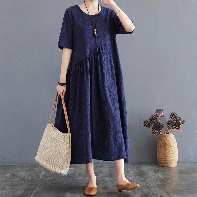 レディース ワンピース プルオーバー 膝丈 半袖 クルーネック Aライン ポケット 薄手 かわいい 大人可愛い シンプル カジュアル 上品 おしゃれ レトロ こなれ感 ラフ 個性的 エレガント 存在感