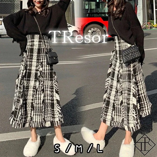 【即納】スカート レディース 大きいサイズ ミモレ ミディアム丈 大人 ひざ丈 ハイウエストスカート 膝下丈 秋冬 Iライン 美脚 秋 春 すっきり シンプル フリンジ チェック柄 ツイード 大人可愛