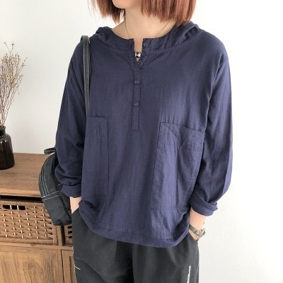 トップス プルオーバー パーカー 袖あり 長袖 ラグランスリーブ ヘンリーネック デザイン ボタン オーバーサイズ ビッグシルエット 美ライン ニュアンス ポケット 天然素材 フード付き カラバリ