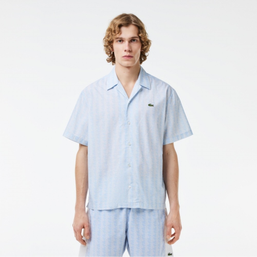 LACOSTE メンズ L ロゴ AOP ショートスリーブシャツ [ブルー]