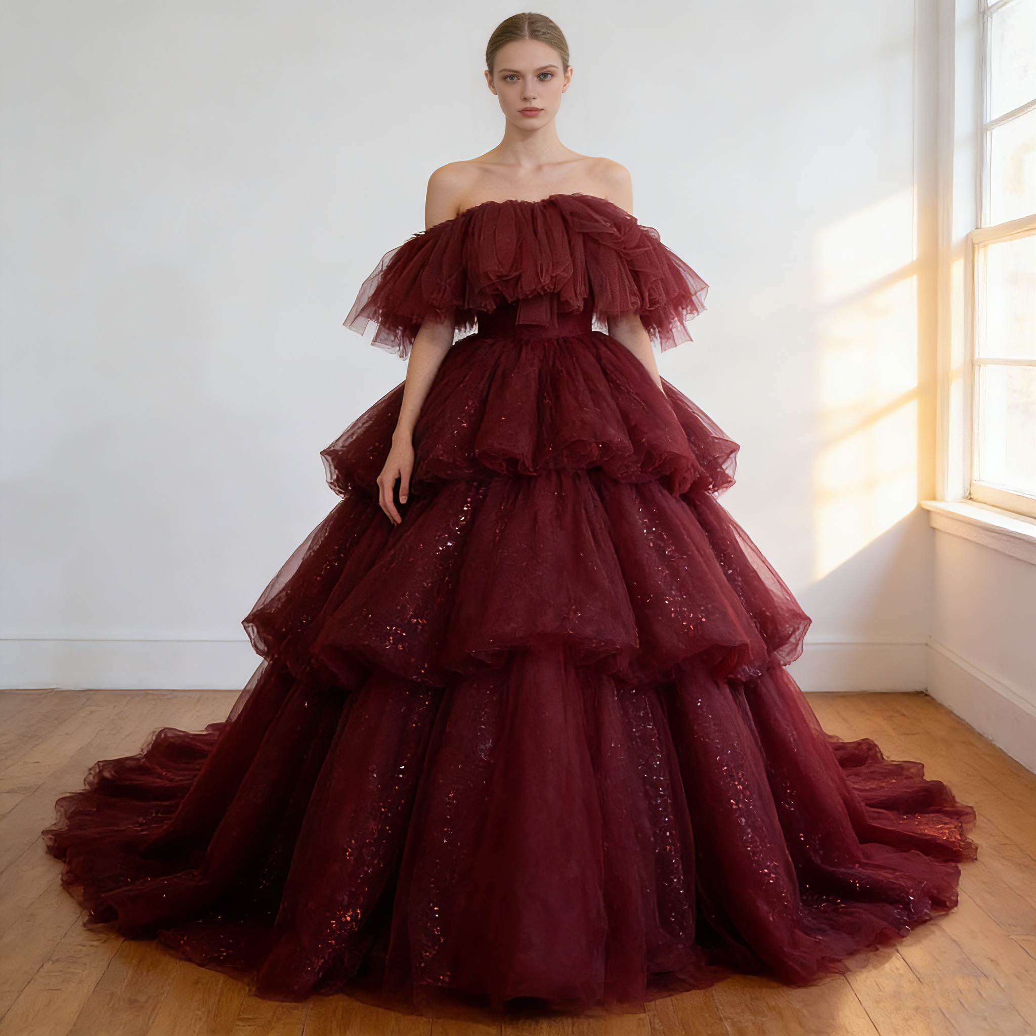 カラードレス ボルドー色 オフショルダー シークインチュール 華やかなトレーン 結婚式 前撮り