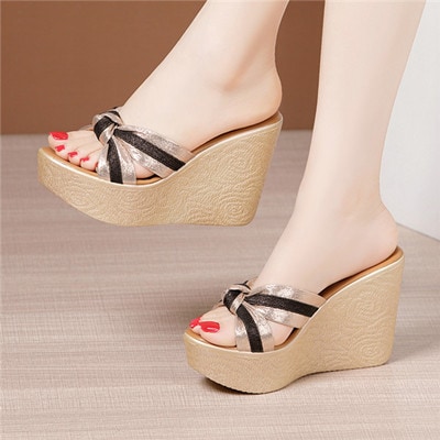 サンダル レディース 歩きやすい シャワーサンダル ミュール かかとなし 厚底サンダル 厚底 つっかけ ウェッジソールサンダル ゴールド ブラック ヒール11cm 夏サンダル di086x2