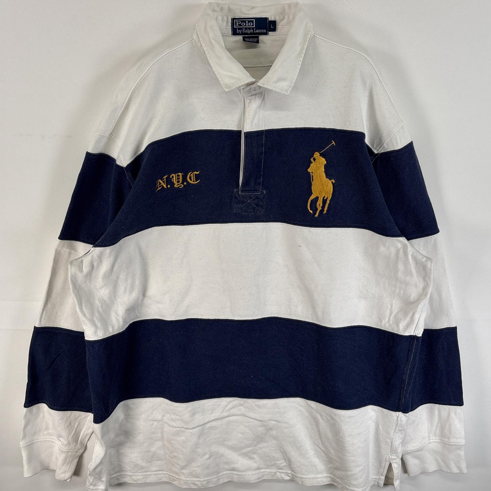 古着 90s/90年代 ポロバイラルフローレン Polo by Ralph Lauren 長袖 ラガーシャツ ビックポニー ハーフジップ 刺繍デザイン L ネイビー系 ボーダー メンズ