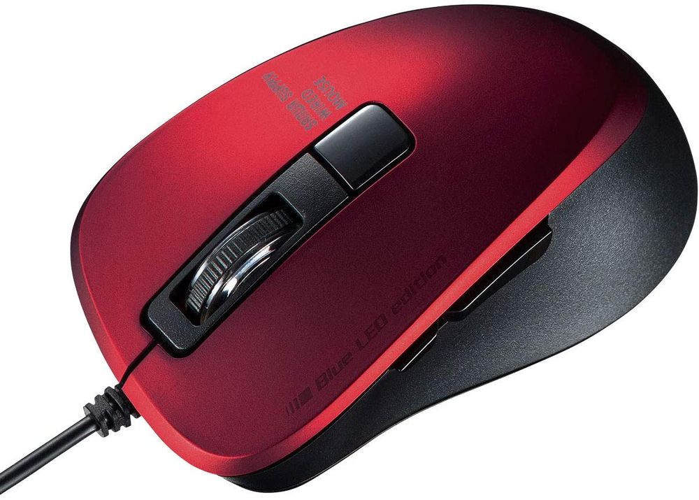 （まとめ買い）静音有線ブルーLED 小型マウス（5ボタン） レッド MA-BL156R [x3]
