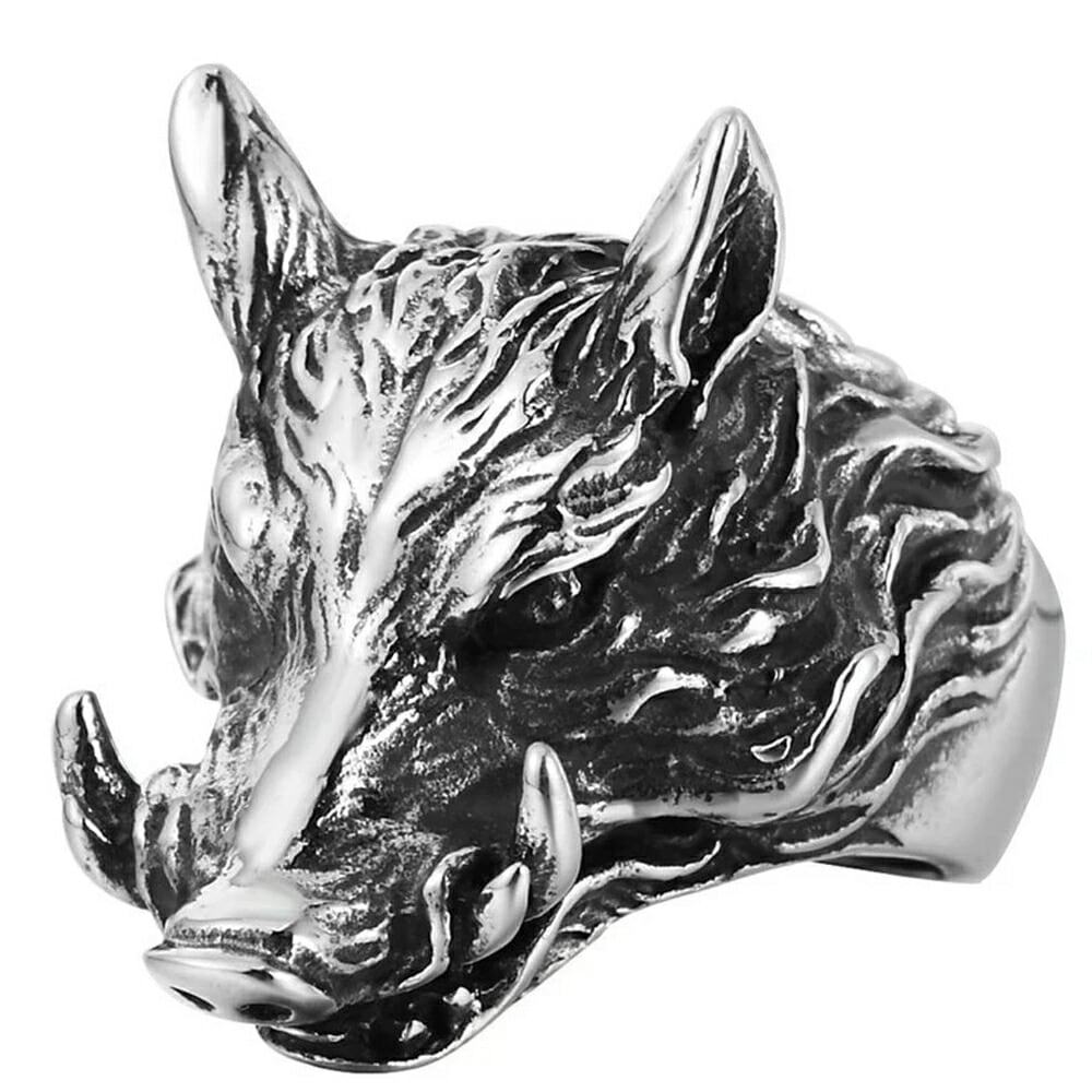 4本牙の猪ステンレスリング（SRV137）指輪 16-36号 選べる イノシシ 動物 アニマル 猟師 ジビエ 男性 女性 プレゼント ギフト 親指 人差し指 中指 薬指 r0929xxxxxxxx