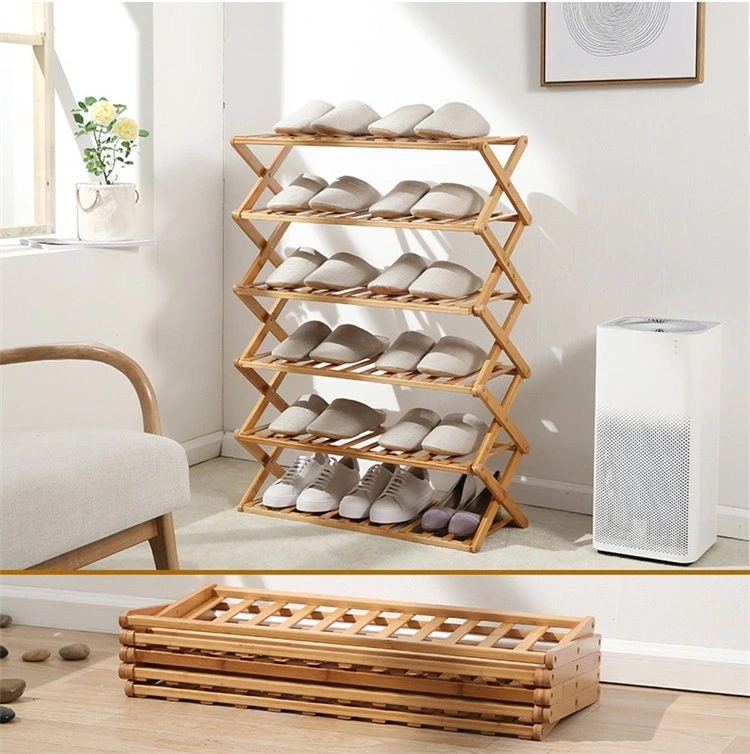 【6段　70×110cm】シューズ収納用ラック　スリム 18足用　竹　天然素材　便利グッズ 棚 靴 ラック　収納 靴箱 折りたたみ式省スペース コンパクト　組立簡単工具要らず　省スペース 6段