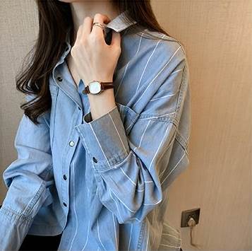 デニムシャツ ストライプシャツ ドッキング トップス シャツ 袖あり 長袖 襟付き アシンメトリー 切り替えデザイン ポケット 前開き デニム ブルーデニム カラーデニム かわいい カジュアル おしゃ