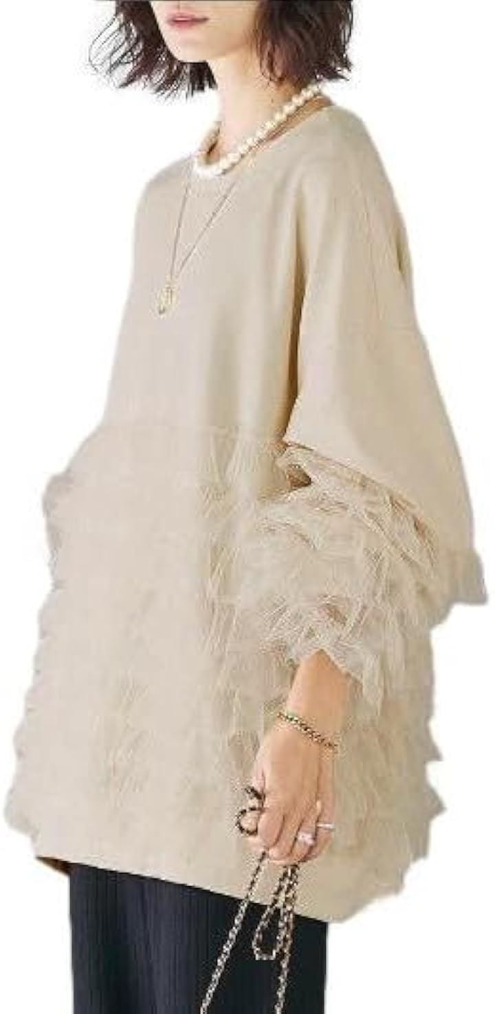 チュールフリルプルオーバー レディース スウェット チュニック丈 ラウンドネック ボリューム袖 ゆったり 長袖 モード フェミニン シャレ感 ダボっと ふわ 柔らかい(ベージュ, L)