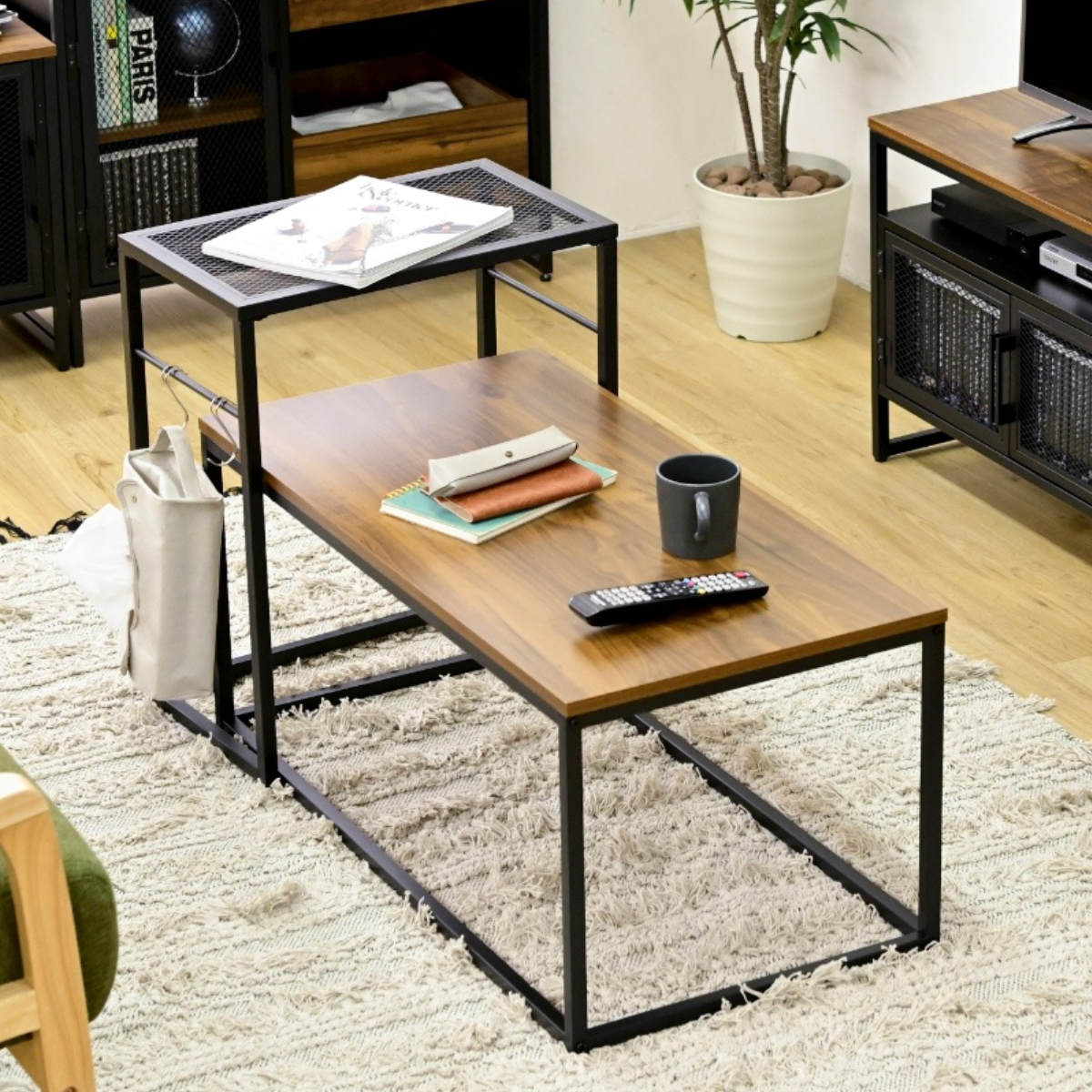 ネストテーブル ヴィンテージ調 サイドラック付 スチールフレーム 幅90cm 入れ子 テーブル センターテーブル ローテーブル リビングテーブル メッシュラック 木目調 サイドテーブル
