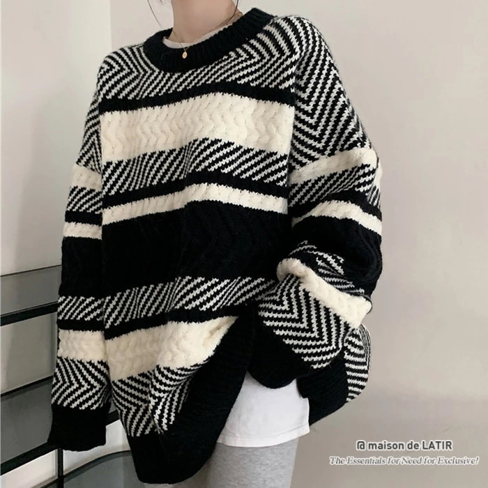 ざっくりランダムなジャガード編みがかわいい ニット 長袖 プルオーバー トップス ボーダー バイカラー ランダムボーダー夏 夏服 韓国ファッション