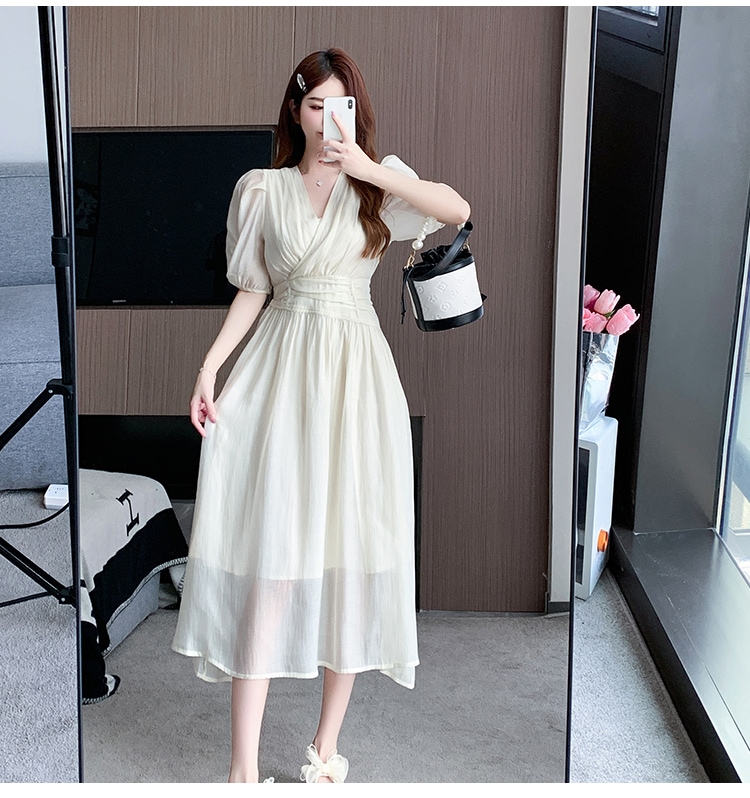 ワンピース レディース ロング 半袖 Vネック 襟なし ワイド フレア Aライン フェミニン ウエストマーク ハイウエスト 透け感 シースルー 薄手 かわいい 大人可愛い きれいめ シンプル 上品