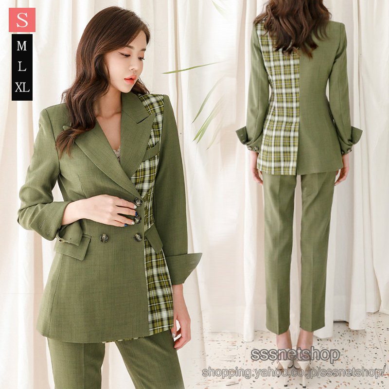 コート+パンツ レディース チェック柄 長袖 テーラード カジュアル ハイウエスト 気質 オシャレ 着痩せ オトナ フェミニン ロング丈パンツ 通勤