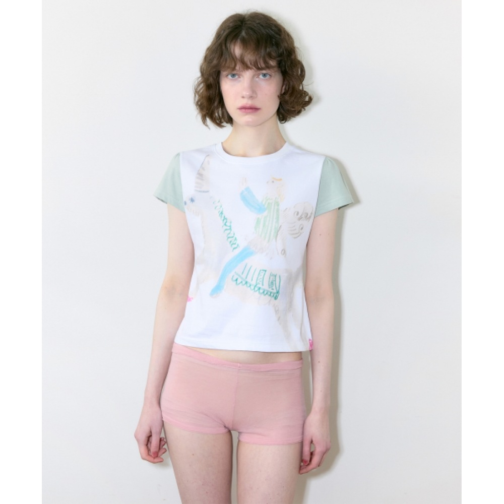 SINOON カラーブロックユニコーンパフTシャツ (ホワイト)