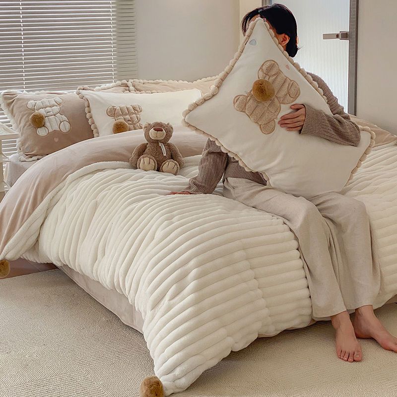 韓国ファッション 布団カバー 冬用毛布 暖かい 厚手 ベッドカバー ダブルサイズ 掛け布団カバーボックスシーツ 抗菌防臭 洗える 寝具 ベッド用品 シングル セミダブル ダブル クイーン