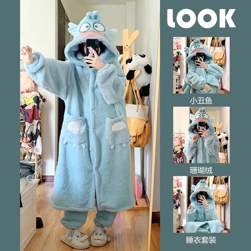 コーラルベルベットナイトガウン女性カクレクマノミパジャマ漫画かわいい学生暖かいフランネルホーム服セット