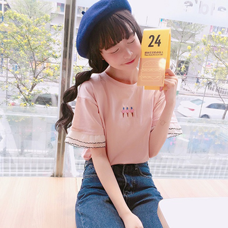 日本のかわいい女性刺繍アイスクリームレースステッチピンク半袖Tシャツ女性夏学生オールマッチトップ