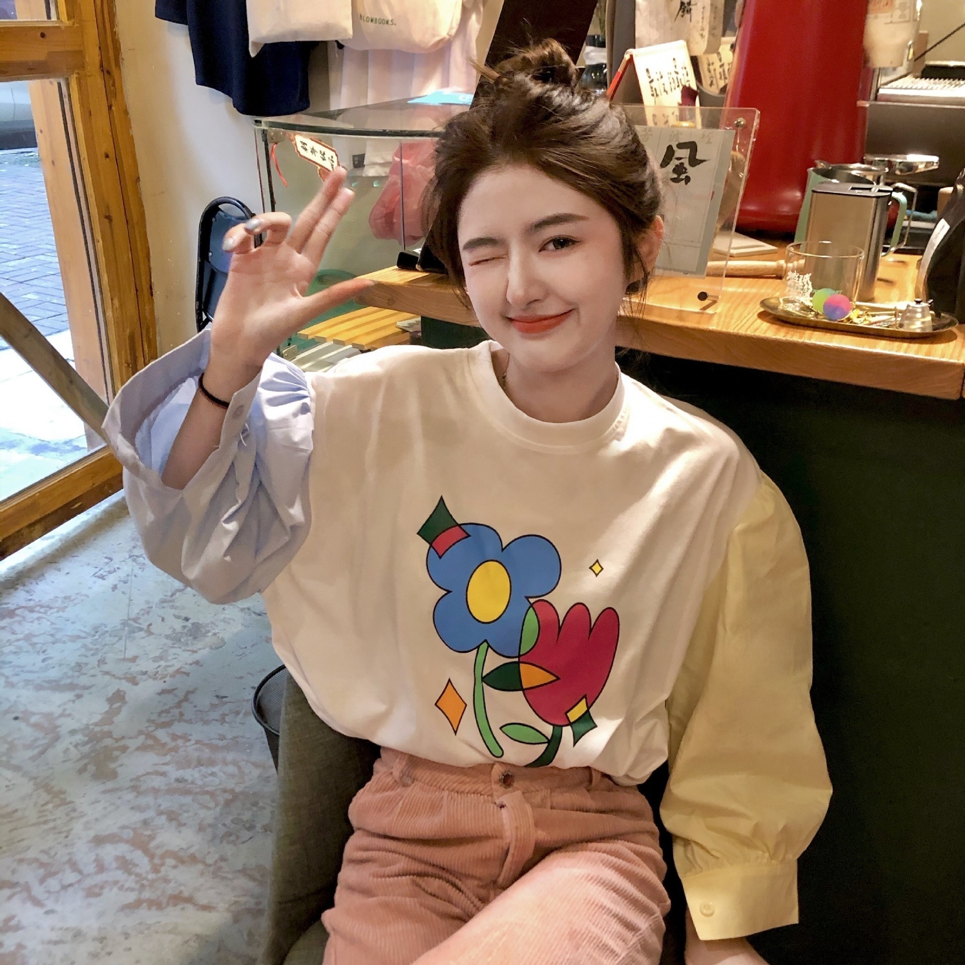 パーカービッグシルエットT ゆったり切り替え色 長袖 かわいい シャツTシャツ