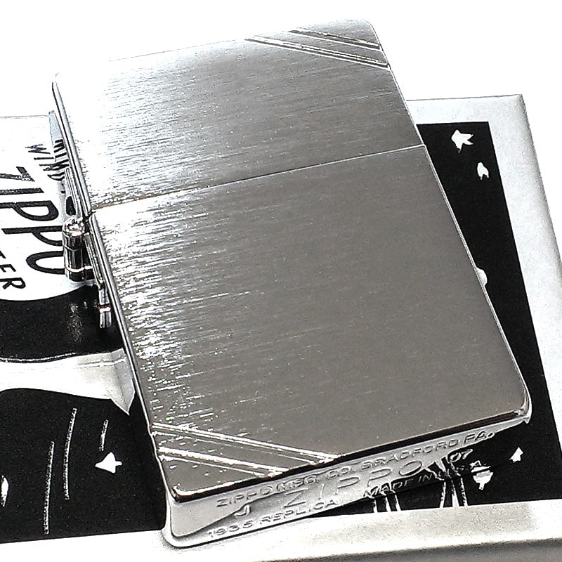 ZIPPO ライター 1935 復刻レプリカ 2007年製 レア ジッポ シルバーサテン ダイアゴナルライン 両面加工 3バレル シンプル 珍しい ファーストモデル アンティーク 角型 メンズ