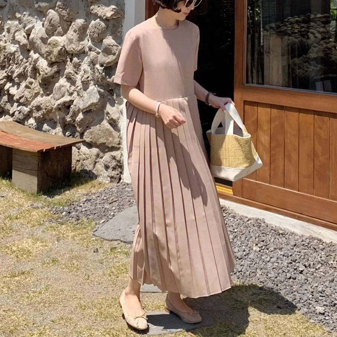 個性的 春服 夏服 シフォン プリーツ ワンピ レディース ワンピース フレア ロング マキシ丈 袖あり 半袖 ラウンドネック フレア インスタ映え SNS 映え 流行 トレンド 高見え 体