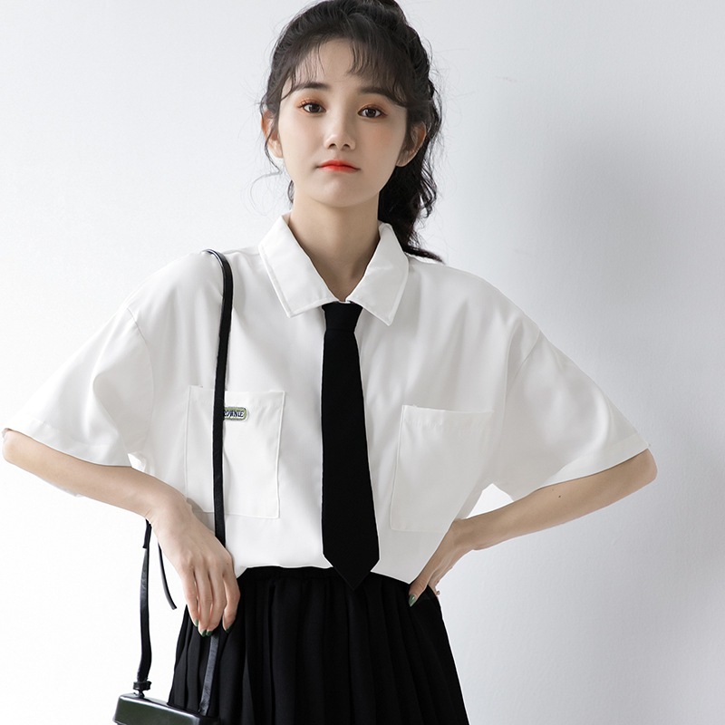 カレッジ風ホワイト半袖シャツ 制服 シフォン ゆったりトップス1001