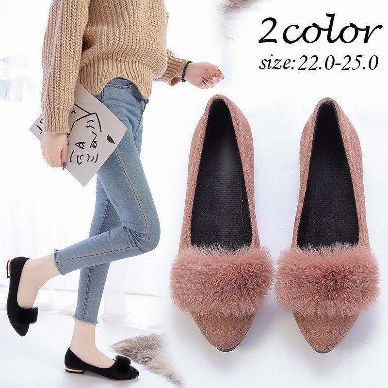 【超お得1つ買うと10個もらえる】レディースファッションパンプス フラットシューズ 靴 シューズ フェイクファー ふわふわ ローヒール ペタンコ スエード調 くつ クツ シンプル