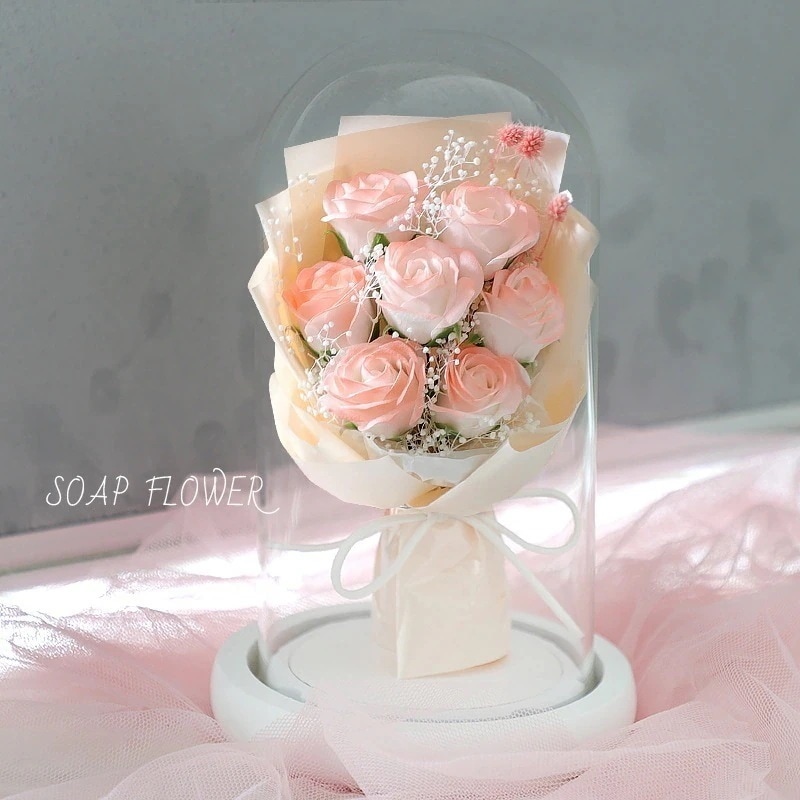 バレンタイン プリザーブドフラワー 花束 ローズ ソープフラワー ガラスカバー オーナメント ソープフラワー クラッシュアイスブルー ドライフラワー ギフト